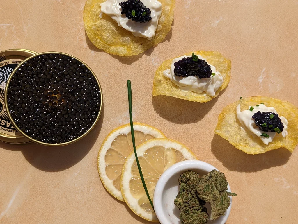 Caviar and cannabis onion spread on a potato chips 1024x771 1