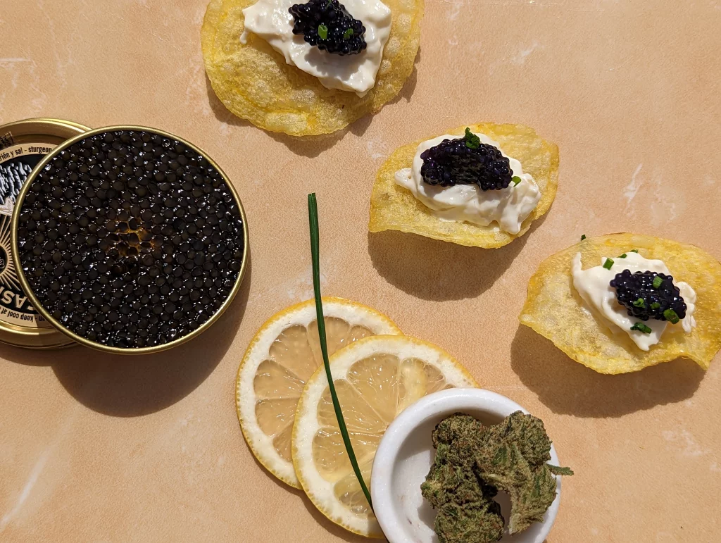 Caviar and Cannabis Onion Spread On Potato Chips